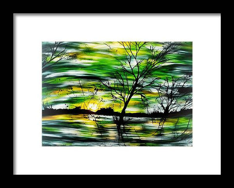 A painted art print of a green tree standing in a field near a lake