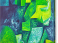 An abstract painting of a scene with lime trees and a green window