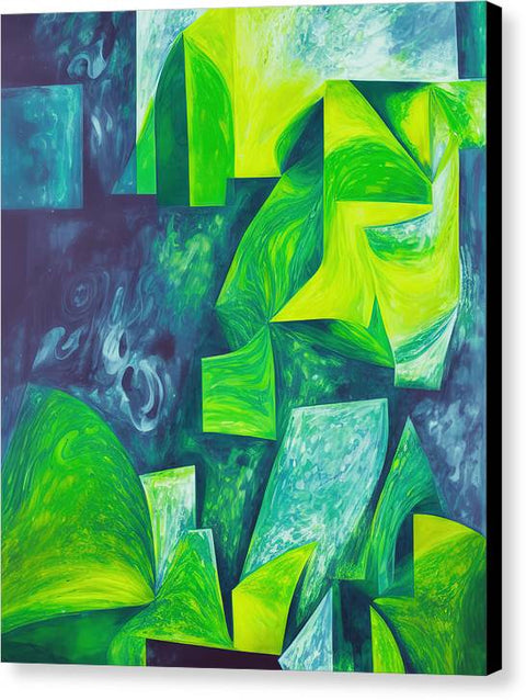 An abstract painting of a scene with lime trees and a green window