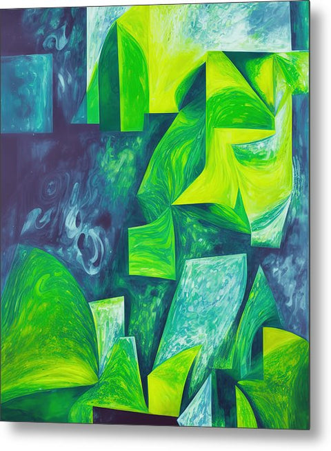 An abstract painting is on a wall of green plants surrounding a green background next to a