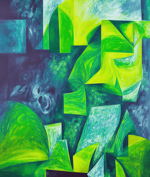 A painting of a green object looking into a green hedge