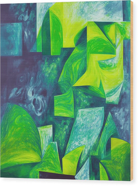 An abstract painting of a garden with green flowers and a lime tree.
