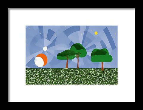 Art print on wooded area with a large olea tree that is tall and