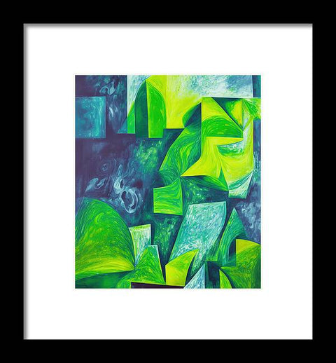 An  art print hanging on a wall with green vegetation on an a green wall.