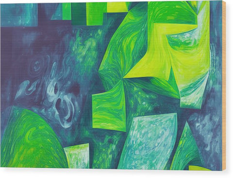 A green hedge is in the background of an abstract painting.