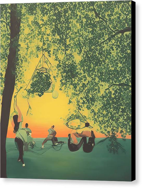 A boy holding an art print swinging from a bicycle hanging upside down in the