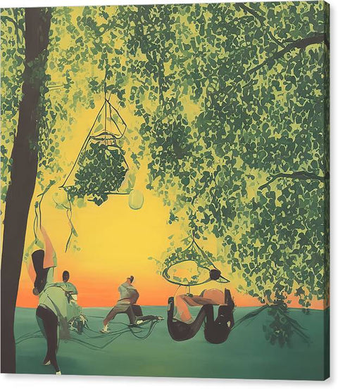 A man swinging on the swings on a tree in the woods.