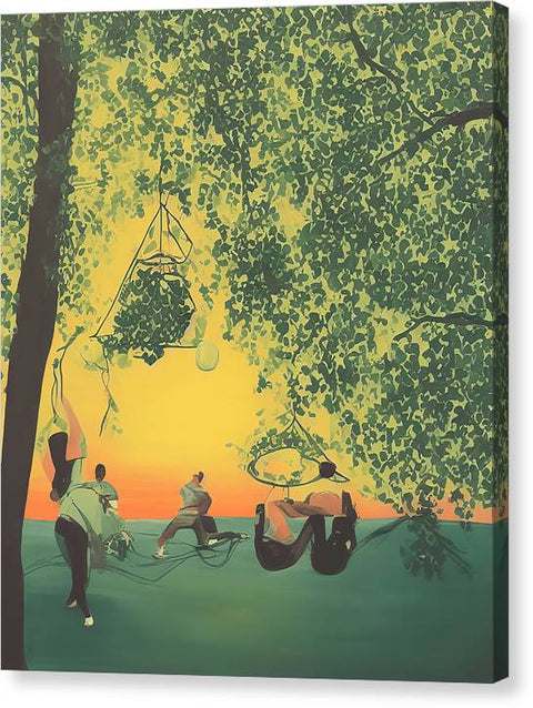A boy holding an art print swinging from a bicycle hanging upside down in the