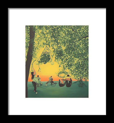 there is a picture of a man swinging a bicycle in a forest at sunset
