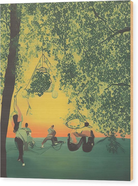 A boy on a swing with a picture of people and a tennis ball playing tennis outdoors