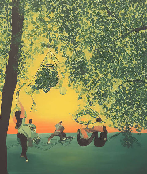 A family on swing using a rope swing in front of a picture window