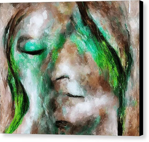 An abstract painting of a face with green and orange eyes
