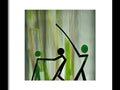 The picture is of two people holding a wooden golf swing with some arrows