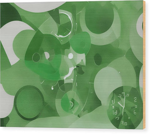 An abstract painting with a picture of a green field of grass in front of trees.