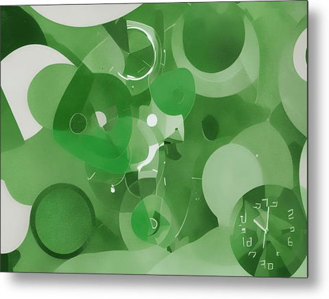 an abstract painting in green and white surrounded by trees and a clock