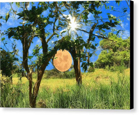 a moon over a beautiful green landscape with an orange tree