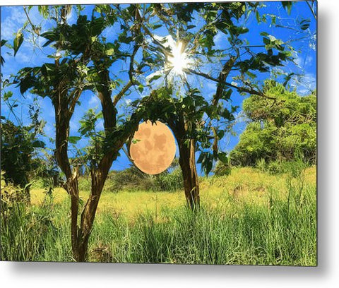 a green grassy field covered by grass and trees with a bright orange moon through the