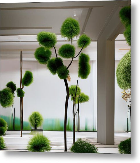 An indoor garden of trees and vines surrounded by grass and bamboo