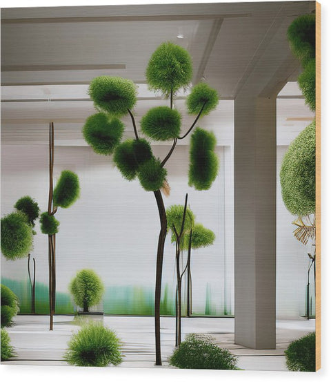 A large picture hanging on a white wall in a green garden with bamboo trees and plants