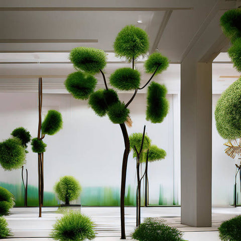 Bamboo trees and plant life growing in a green tree next to a large glass wall