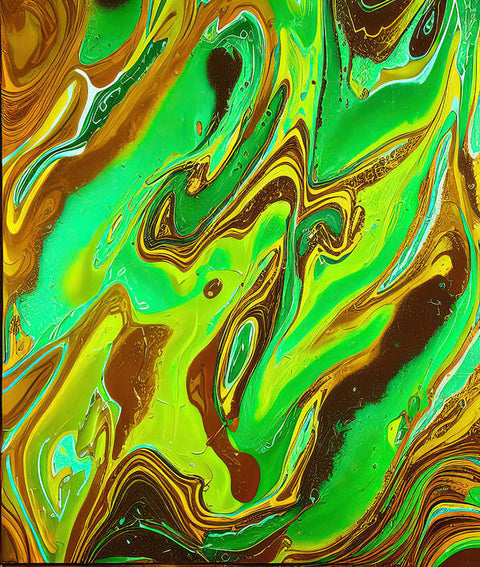 Yellow blue and green liquids with brown swirls and swirling colors all together