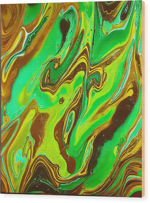 A painting shows a yellow and green liquid that looks to be like water inside of a