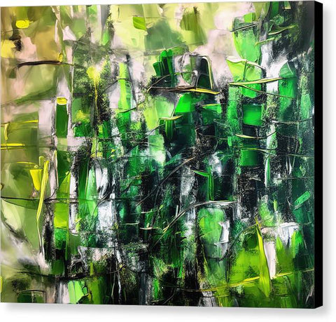 An abstract painting of a green field under a tree in the woods