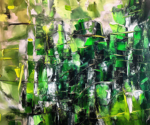 An abstract painting of a green hedge standing next to a big black building