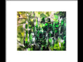 An abstract painting of grass surrounded by trees with green flowers