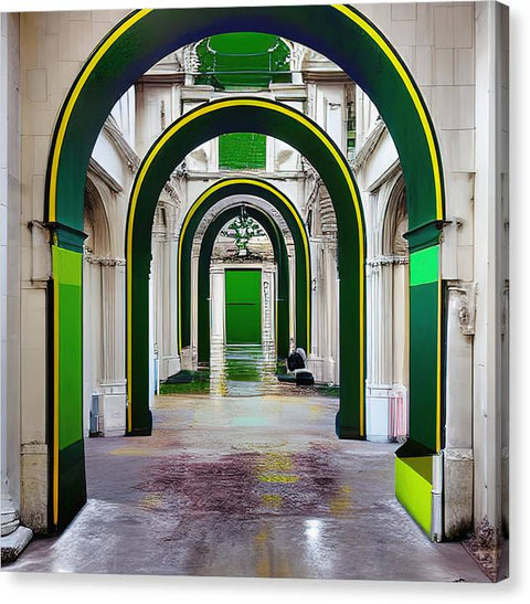 A green archway in a door building with two colorful doors of different types.