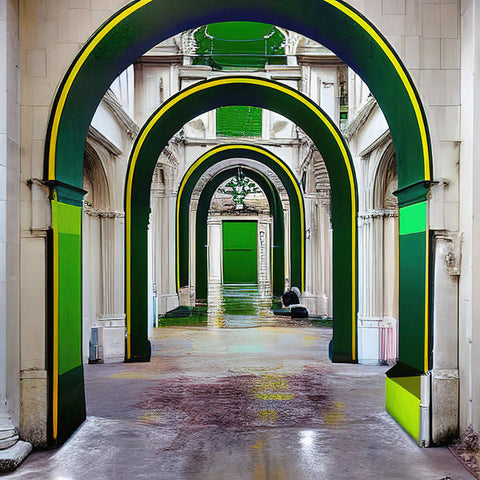 An arched doorway in an open courtyard with a colorful green wall