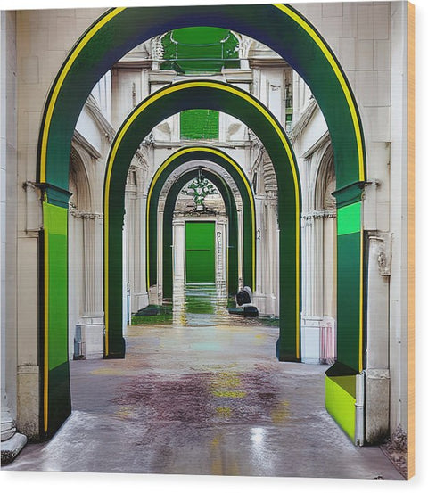An archway with a window, with a wall painted green, is hanging inside.