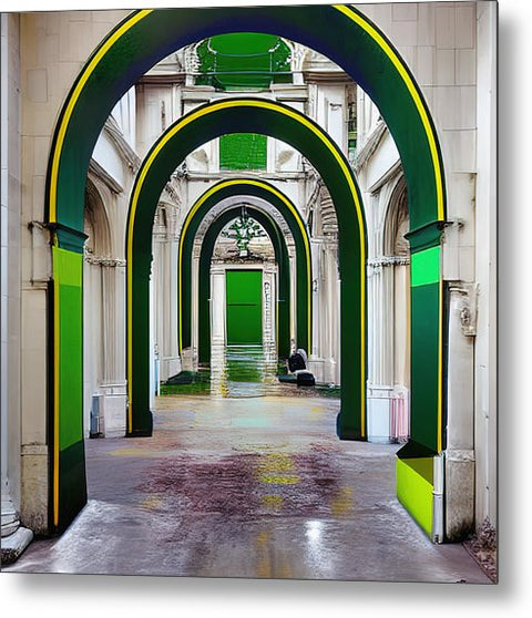 A doorway with two arched doorways with lots of green and yellow building on it