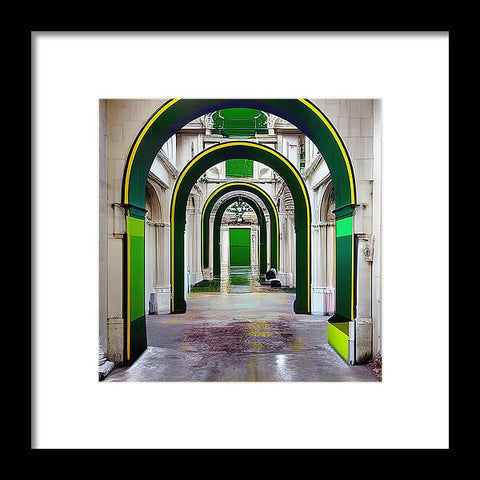 An arched entrance to a transit terminal on an ancient building with a green painted ceiling