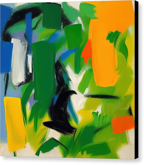 An abstract painting with a tree surrounded by green vegetation and an arrow