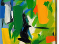 An abstract painting with a tree surrounded by green vegetation and an arrow