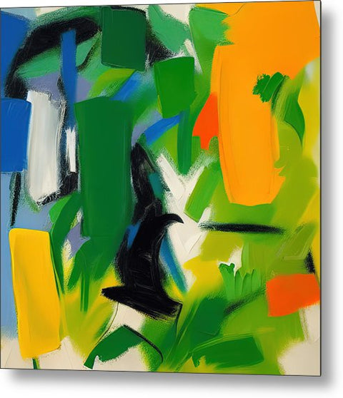 An abstract painting painted in a green field next to grass and trees