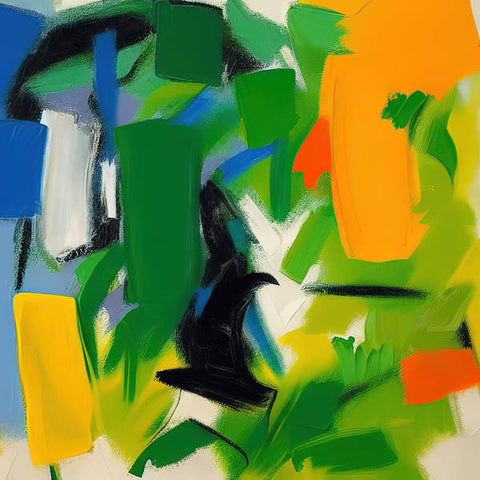 An abstract painting of a man driving a tractor on a dirt road