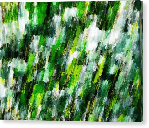 An abstract painting of a green fence in a field of moss