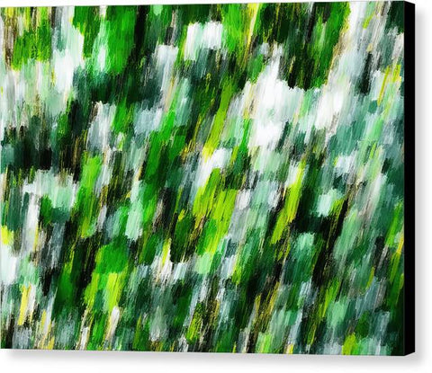 An abstract painting of a green fence in a field of moss