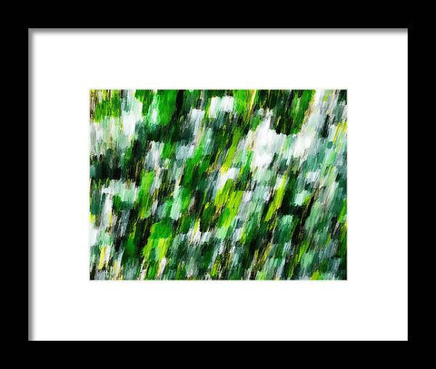 An abstract painting of a view of green lawns
