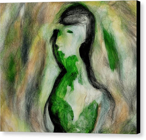 A girl stands on a green carpet looking at a painting