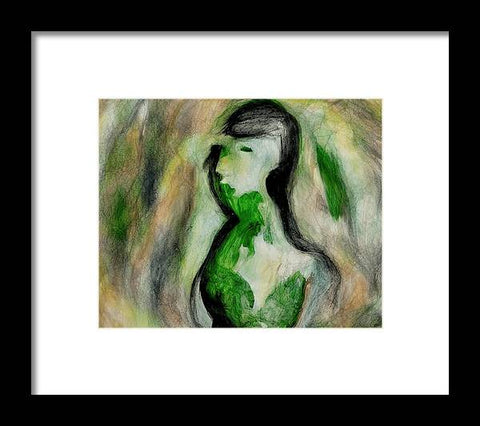 A woman in green leotard with a pretty face in a beautiful painting