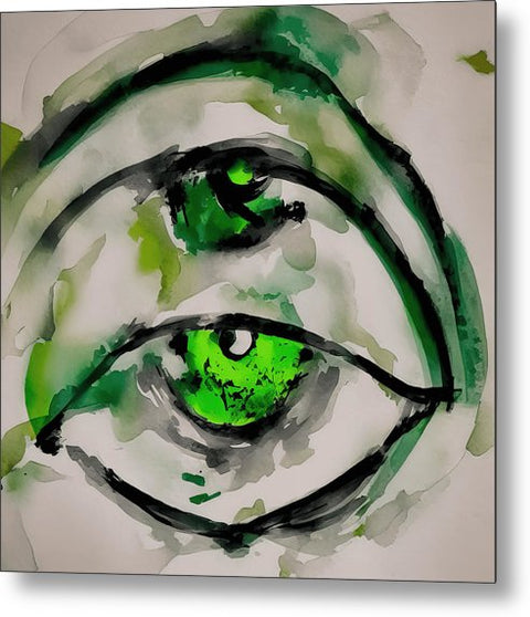 A large eye drawn in green on a metal frame