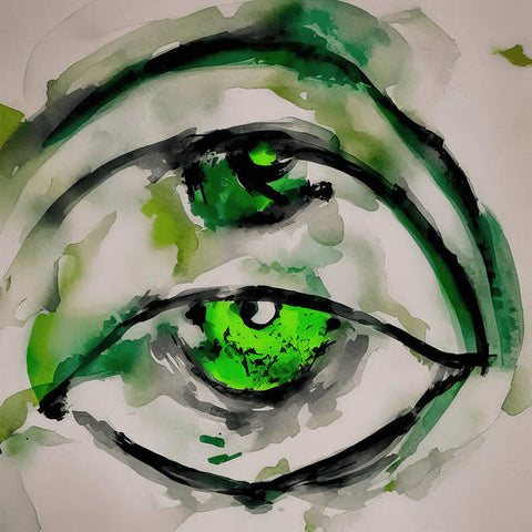An eye painted green with the letter of G