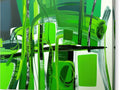An abstract painting with green fabric on a wall with a red base in the background with