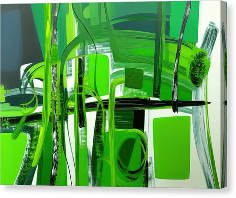 An abstract painting with green fabric on a wall with a red base in the background with