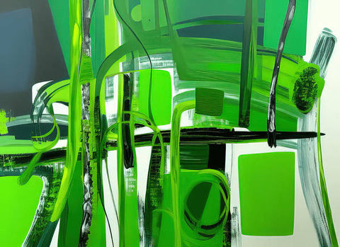 An abstract painting of green grass against a green flower