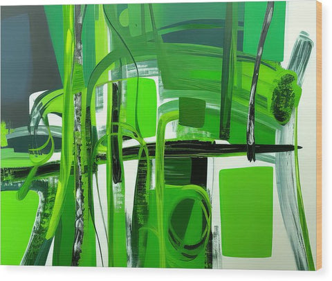 A green painting with grasses and a vase of water standing in the middle of