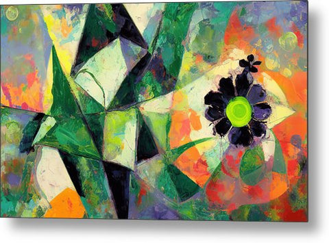 An abstract painting featuring floral arrangements on a painting covered in glass